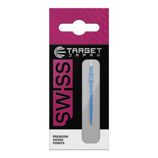 Zu sehen sind Target Japan Premium Swiss Point Dartspitzen in der Farbe Blau. Sie werden als Ersatzspitzen für Dartpfeile verwendet.