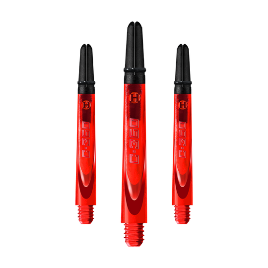 HR457_Harrows_Carbon_360_Shafts_Rot_49mm_1ad6hFLzXewFDv Das Bild zeigt drei rote Dartschäfte mit schwarzem oberen Ende. Auf den Schäften steht die Aufschrift "C-360".
