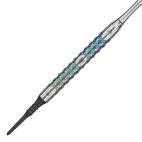 Target Rove 10 Soft Darts Das Bild zeigt einen Target Rove 10 Softdart mit einem metallischen, bunt schimmernden Griff. Das Design weist eine strukturierte Oberfläche mit feinen Mustern auf.