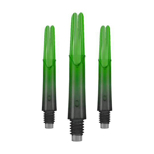 Das Bild zeigt drei grüne, transparente Dartschäfte mit Gewinde am unteren Ende. Die Schäfte sind gerade und haben einen leichten Farbverlauf von grün zu schwarz.