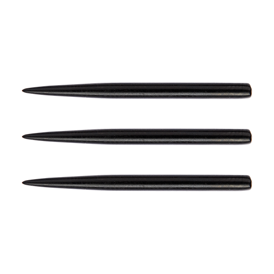 8610Black_Winmau_Standard_Black_Steeldart_Spitzen_32mm_1 Das Bild zeigt drei schwarze Steeldart-Spitzen in einer Reihe. Es handelt sich um das Produkt "Winmau Standard Black Steeldart Spitzen - 32mm".