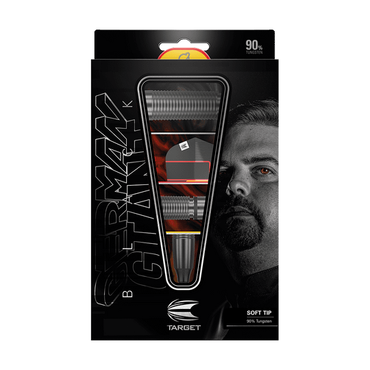 210322_Target_Gabriel_Clemens_Black_Edition_Softdarts_3 Die Verpackung zeigt die Target Gabriel Clemens Black Edition Softdarts mit einem Gewicht von 19g. Auf der Vorderseite ist neben den Darts ein Porträt von Gabriel Clemens zu sehen.