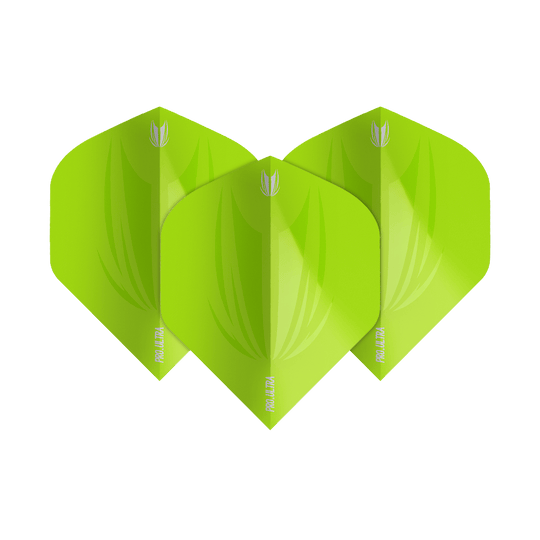 TG436_Target_ProUltra_ID_Lime_Green_No2_Standard_Flights_1 Das Bild zeigt drei limegrüne Standard-Flights für Dartpfeile. Die Flights tragen die Aufschrift "ProUltra ID" und haben ein modernes, glänzendes Design.