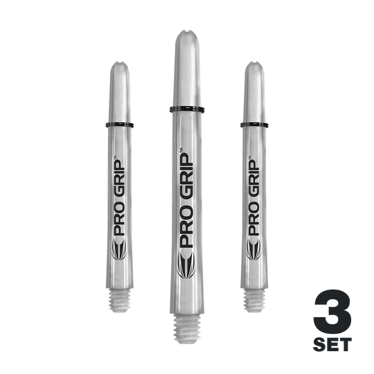 Das Bild zeigt drei transparente "Pro Grip" Shafts für Dartpfeile. In der rechten unteren Ecke steht "3 Set".