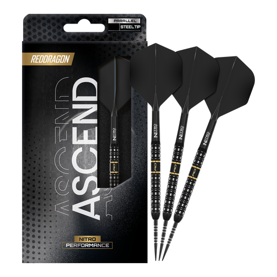 Red Dragon Ascend Parallel Steeldarts Das Foto zeigt die vollständigen Red Dragon Ascend Parallel Steeldarts. Die Darts sind komplett und einsatzbereit dargestellt.