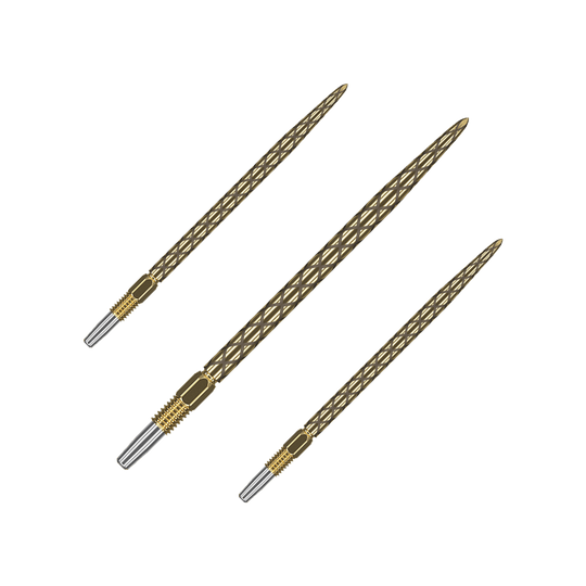 Target Swiss Diamond Pro Gold dart tips Das Bild zeigt drei goldfarbene Dartspitzen mit einem diamantähnlichen Muster. Die Spitzen sind schlank und haben eine silberne Befestigung am unteren Ende.