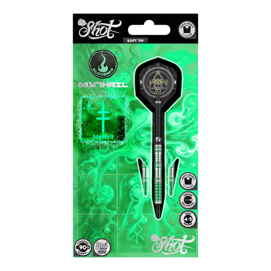 Shot Alchemy Mythril Soft Darts - 20g Das Bild zeigt die Shot Alchemy Mythril Softdarts mit einem Gewicht von 20g. Hier sieht man das Produkt aus einer bestimmten Perspektive.