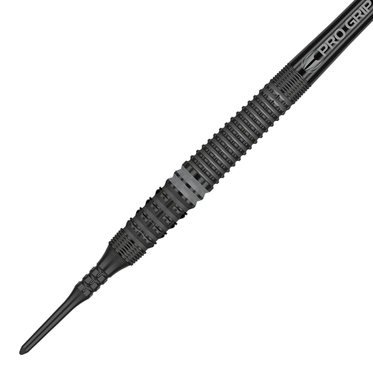210064_Target_Echo_14_Softdarts_2 Das Bild zeigt einen Target Echo 14 Softdart. Der Dartpfeil ist überwiegend schwarz und hat eine strukturierte Griffzone für besseren Halt.