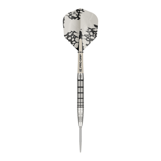 Target EXO SP02 Swiss Point steel darts Das Bild zeigt einen Target EXO SP02 Swiss Point Steeldart. Der Dartpfeil hat ein silbernes Griffstück mit schwarzen Rillen und eine schwarz-weiße Flight.