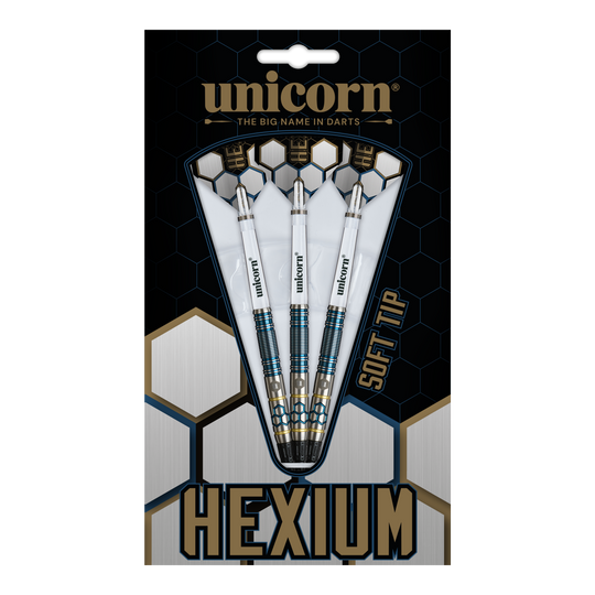 Unicorn Hexium Style 02 Blue & Gold Softdarts - 21g besticht durch sein modernes Design. Die stilvollen Softdarts sind ideal für Dartbegeisterte.