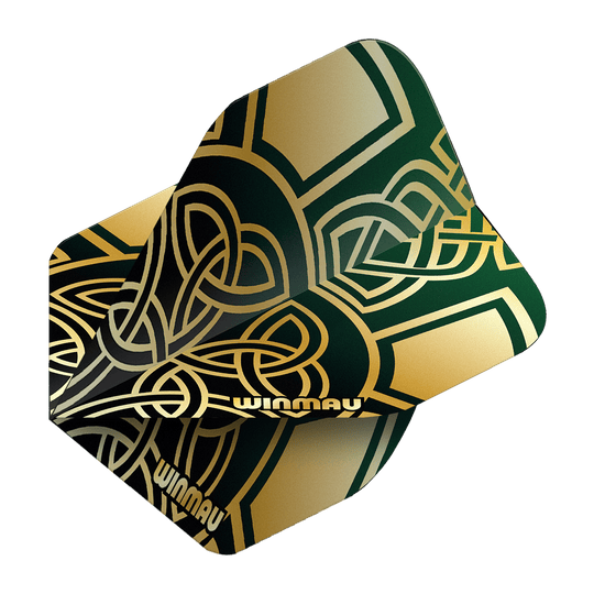 Gezeigt werden die Winmau Prism Delta Brendan Dolan Celtic Knot Black Gold No2 Standard Flights. Die Flights sind für Darts mit einem auffälligen keltischen Design gestaltet.