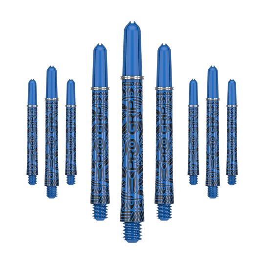 Das Bild zeigt neun blaue Dartschäfte mit schwarzem Muster und der Aufschrift "PRO GRIP". Sie sind in einer Reihe angeordnet, wobei die mittleren Schäfte am größten dargestellt werden.