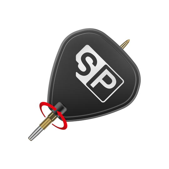 Target Swiss Point Nano Dartspitzen - Black Das Bild zeigt die Target Swiss Point GRD Gold Dartspitzen. Die Spitzen sind goldfarben und an einem schwarzen Flight mit „SP“-Logo befestigt.