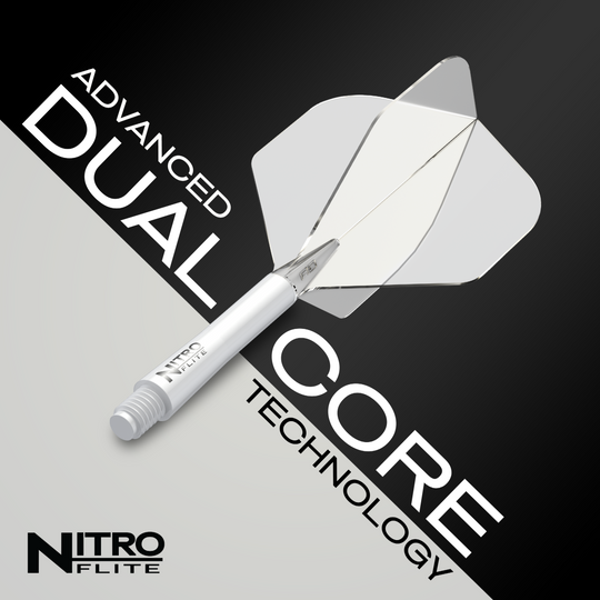 Red Dragon Nitroflite - White Shaft Clear No2 Flights Das Bild zeigt das Produkt "Red Dragon Nitroflite - White Shaft Clear No2 Flights". Auf dem Bild sind die Begriffe "Advanced Dual Core Technology" sowie das Produkt selbst gut sichtbar.