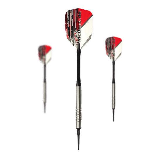 McDart 85 Tungsten V14 Soft Darts - 17g Das Bild zeigt drei Softdarts des Modells "McDart 85er Tungsten V14" mit einem Gewicht von 17g. Die Darts haben silberne Barrels und Flights in Rot, Weiß und Schwarz.