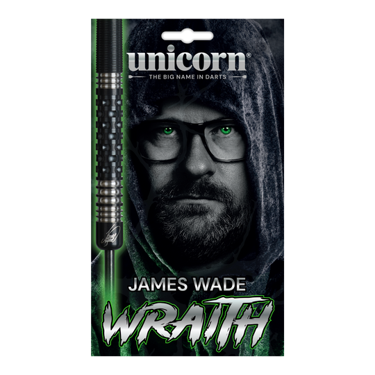 Die Abbildung zeigt die Unicorn Wraith James Wade Steeldarts. Die Darts sind für Präzisionswürfe im Dartsport konzipiert.