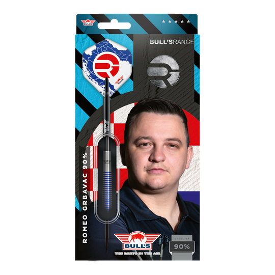 Bulls NL Romeo Grbavac steel darts - 23g Das Bild zeigt die Verpackung der "Bulls NL Romeo Grbavac Steeldarts - 23g". Auf der Verpackung ist ein Dartpfeil sowie ein Porträt von Romeo Grbavac zu sehen.