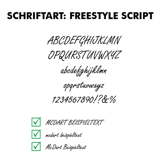 Flightdruck-Schriftart-Freestyle-ScriptYG20MbZqMjgTb Das Bild zeigt die Schriftart „Freestyle Script“ mit Beispielen für Großbuchstaben, Kleinbuchstaben, Zahlen und Sonderzeichen. Unten werden verschiedene Beispieltexte in dieser Schriftart dargestellt, jeweils mit einem grünen Häkchen.