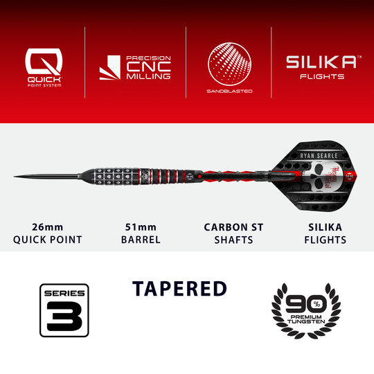 Gezeigt werden die Harrows Ryan Searle Series 3 Quick Point Steeldarts. Diese Steeldarts bieten eine präzise Wurftechnik.
