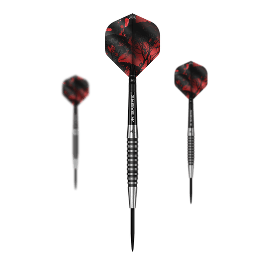 Mission Kunai Black PVD Steel Darts - 23g Auf diesem Bild sieht man das Set Mission Kunai Black PVD Steeldarts - 23g. Das Set besteht aus mehreren schwarzen Steeldarts mit einem Gewicht von 23 Gramm.