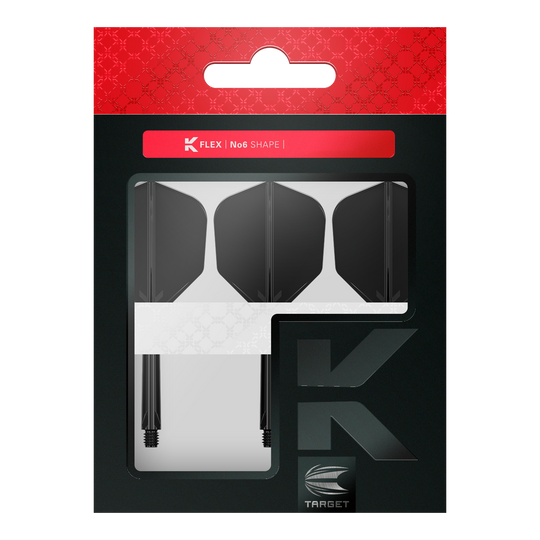 Target K-Flex No6 Flight System - Black Das Bild zeigt eine Verpackung mit drei schwarzen Dartflights und Schäften von Target. Oben auf der Packung steht "K FLEX | No6 SHAPE".
