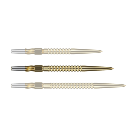Target Swiss Point Nano Dartspitzen - Black Das Bild zeigt drei goldene Dartspitzen des Produkts „Target Swiss Point GRD Gold Dartspitzen“. Die Spitzen haben ein silbernes Gewinde und ein geriffeltes Design für besseren Halt.