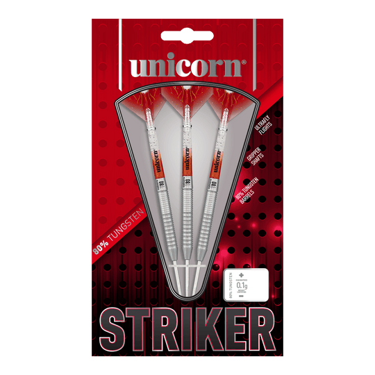 Unicorn Core XL Striker Style 1 Steeldarts - 22g Auf dem Bild sind drei Unicorn Core XL Striker Style 1 Steeldarts mit einem Gewicht von 22g zu sehen. Die Verpackung ist rot-schwarz gestaltet und hebt 80% Tungsten-Barrels hervor.