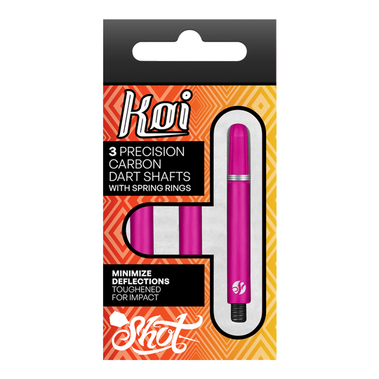 Shot Koi Carbon Shafts - Pink Auf dem Bild ist eine Verpackung mit drei pinkfarbenen Präzisions-Carbon-Dartschäften zu sehen. Die Schäfte sind für minimale Ablenkungen und erhöhte Schlagfestigkeit ausgelegt.