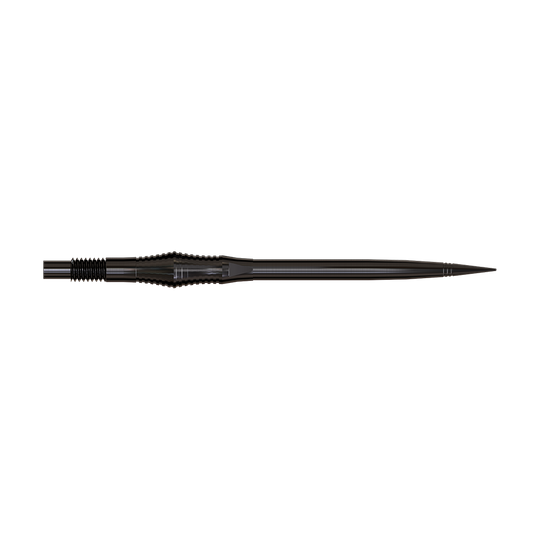 Dartspitzen der Spire Black Elite Serie sind zu sehen. Sie sind schlank und dunkel.