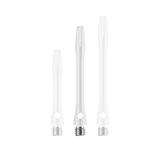 HR373_Harrows_Keramic_Shafts_Weiss_41mm_1 Das Bild zeigt drei weiße Harrows Keramic Shafts in unterschiedlichen Längen. Sie haben einen Metallgewindeanschluss am unteren Ende.