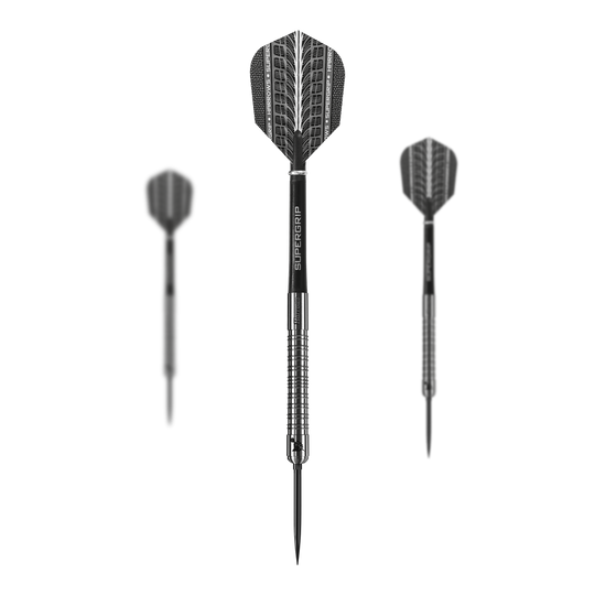 Harrows Supergrip 90 Quick Point Steel Darts Die Harrows Supergrip 90 Quick Point Steeldarts sind als Set abgebildet. Das Set enthält mehrere Dartpfeile auf weißem Hintergrund.