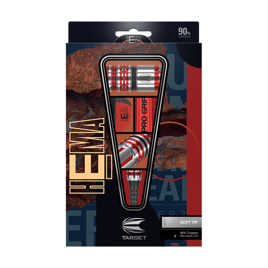 210094_Target_Hema_10_Softdarts_3 Die Abbildung zeigt die Verpackung der "Target Hema 10 Softdarts". Die Darts bestehen zu 90% aus Tungsten und haben ein modernes, rot-silbernes Design.