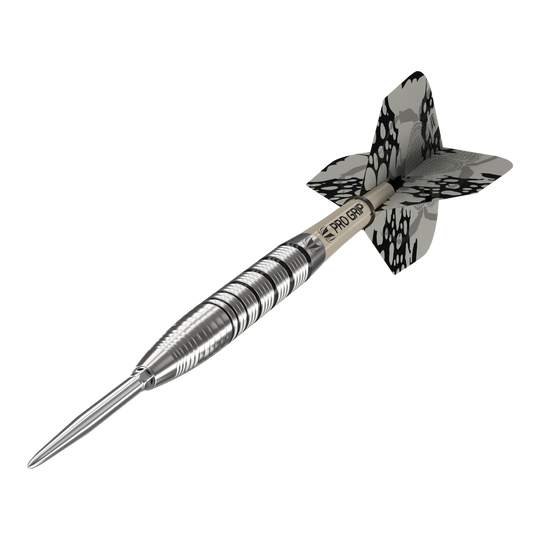 Target EXO SP02 Swiss Point steel darts Das Bild zeigt den Target EXO SP02 Swiss Point Steeldart. Der Dart hat ein silbernes Griffstück mit schwarzen Akzenten und eine schwarz-gemusterte Flight.