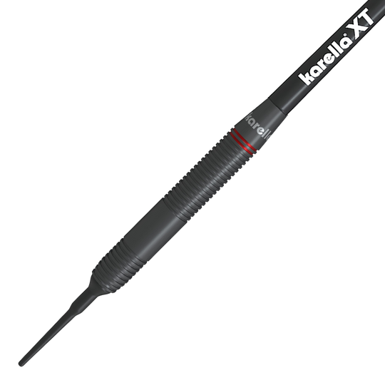 Karella Daniel Klose soft darts Das Bild zeigt einen Karella Daniel Klose Softdartpfeil. Der Dart ist hauptsächlich schwarz mit feinen Rillen und einem weißen "karella XT" Schriftzug.
