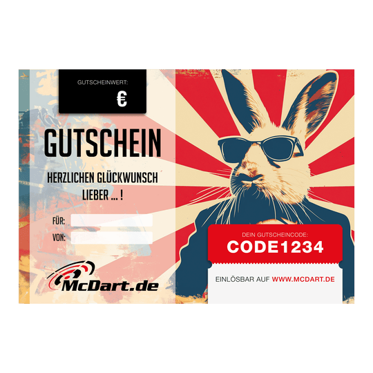 Easter voucher Das Bild zeigt einen Oster-Gutschein von McDart.de mit einem coolen Hasen mit Sonnenbrille. In der Mitte steht „Gutschein“ und rechts ist ein Feld für den Gutscheincode.