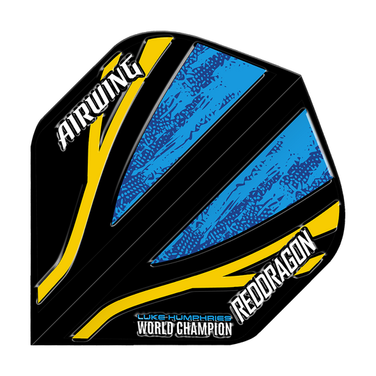 Das Bild zeigt ein Dart-Flight mit schwarzem, blauem und gelbem Design. Auf dem Flight stehen die Wörter "AIRWING", "REDDRAGON" und "LUKE HUMPHRIES WORLD CHAMPION".