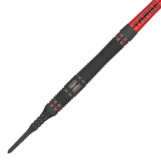 Target Scope 11 Soft Darts Das Bild zeigt einen Target Scope 11 Softdart. Der Dartpfeil ist überwiegend schwarz mit roten Akzenten und einer geriffelten Oberfläche für besseren Halt.