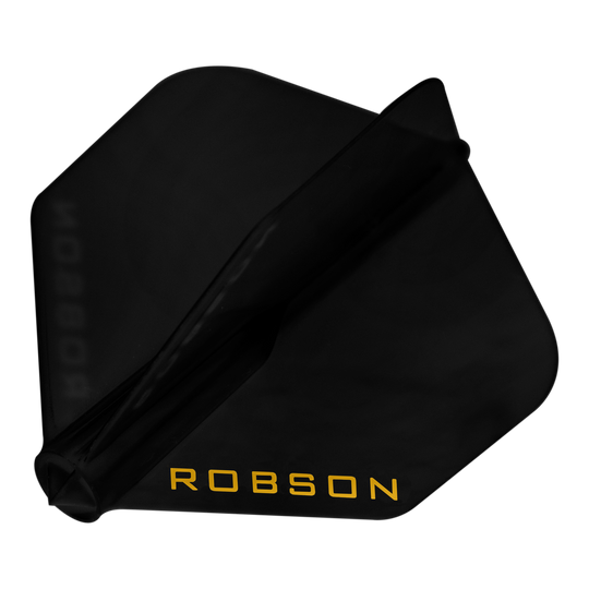 Robson Plus Flights - NO6 Das Bild zeigt einen schwarzen Dartflug. Auf dem Flug steht in gelber Schrift das Wort "ROBSON".
