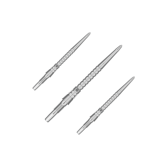 Target Chrono Swiss Storm Point Dart Tips - Silver Mehrere silberne Dartspitzen bilden ein Set. Sie sind gerade nebeneinander platziert.