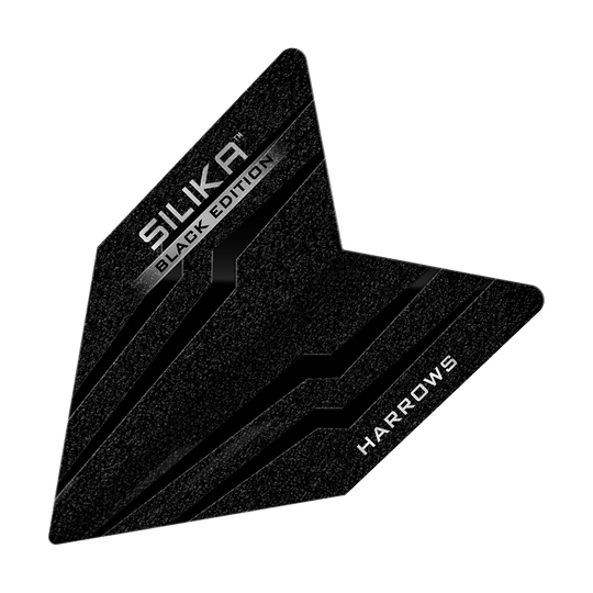 Das Bild zeigt ein schwarzes Dartflight mit dem Namen "Harrows Silika Black-Edition Velos Flights". Auf dem Flight stehen die Wörter "SILIKA BLACK EDITION" und "HARROWS" in weißen Buchstaben.