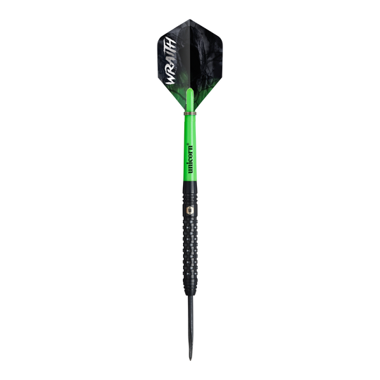 Unicorn Wraith steel darts Das Bild zeigt einen Steeldart namens "Unicorn Wraith". Der Dart hat einen grünen Schaft, einen schwarzen Griff und eine schwarze Flight mit der weißen Aufschrift „WRAITH“.
