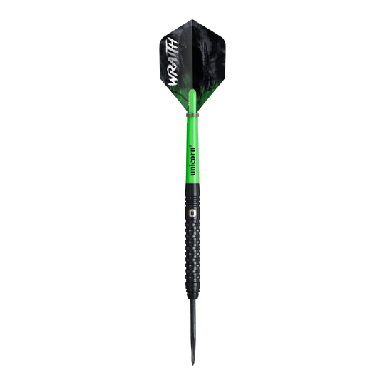Unicorn Wraith steel darts Ein Unicorn Wraith Steeldart ist einzeln zu sehen. Die Struktur und der Schaft sind herausgearbeitet.
