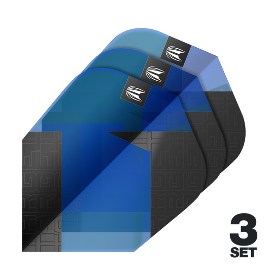 Target Pro Ultra TAG Blue Ten-X Standard Flights - 3 Sets Das Bild zeigt drei blaue Dartflights der Marke Target Pro Ultra TAG Blau Ten-X Standard. In der rechten unteren Ecke steht "3 SET", was auf drei enthaltene Sets hinweist.