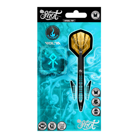 Shot Alchemy Volta steel darts Gezeigt werden die Shot Alchemy Volta Steeldarts. Das Produkt ist zum Spielen auf Steeldart-Scheiben geeignet.