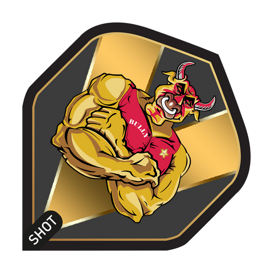 Shot Michael Smith Bully Boy Gold Standard Flights Das Bild zeigt ein Dartflight-Design mit einem muskulösen Stier im roten Trikot, auf dem "BULLY" steht. Im Hintergrund sind goldene und schwarze Farbakzente sowie das Logo "SHOT" zu sehen.