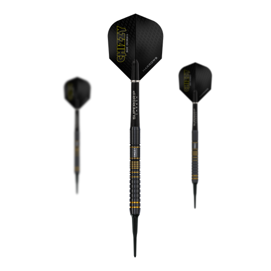 Das Bild zeigt drei Softdarts der Marke Harrows aus der Dave Chisnall Chizzy Series 3. Die Darts haben schwarze Flights mit gelber Aufschrift und schwarzen Schäften mit gelben Akzenten.