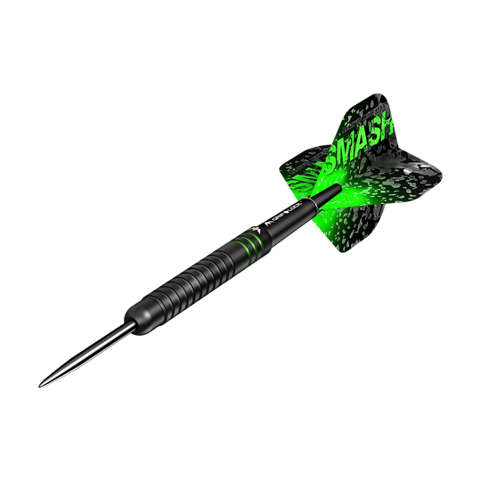 M001325_Mission_Martin_Lukeman_Black_Titanium_Steeldarts_4 Das Bild zeigt einen schwarzen Steeldart mit grünen Akzenten und der Aufschrift „SMASH“ auf den Flights. Es handelt sich um das Produkt „Mission Martin Lukeman Black Titanium Steeldarts - 25g“.