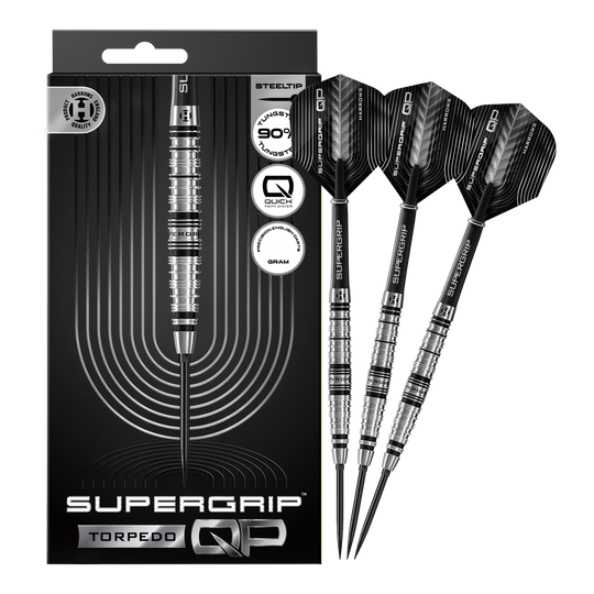 Abgebildet sind Harrows Supergrip Torpedo Quick Point Steeldarts. Die Steeldarts sind vollständig dargestellt.