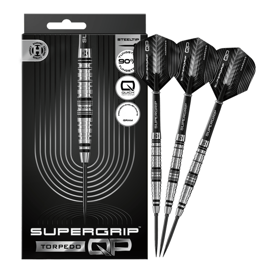 Harrows Supergrip Torpedo Quick Point Steel Darts Abgebildet sind Harrows Supergrip Torpedo Quick Point Steeldarts. Die Steeldarts sind vollständig dargestellt.