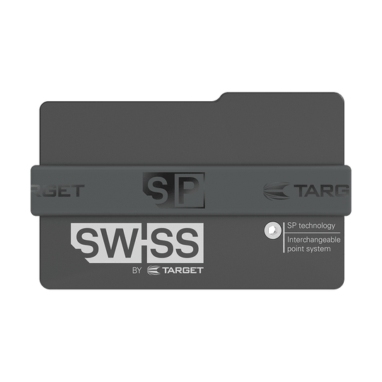 Das Bild zeigt das Produkt "Target Swiss Point Safe". Es ist eine schwarze Aufbewahrungsbox für Dartspitzen mit dem Aufdruck "SWISS by Target".